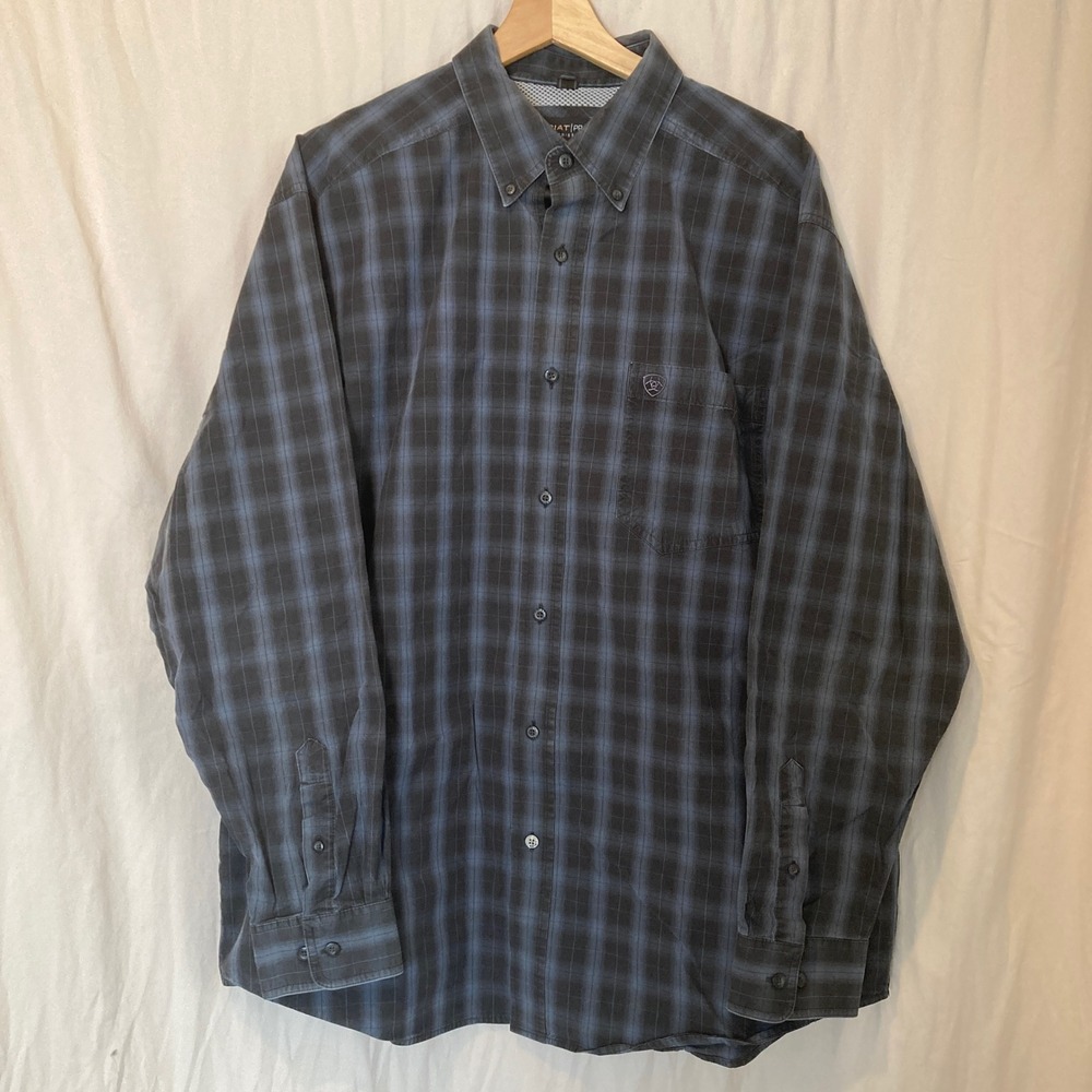 Ariat Pro Series Mens XL Blue Black Plaid Long Sleeve Button Down Western Shirt